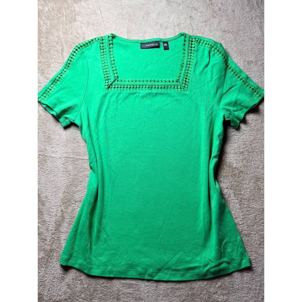 Rafaella Womens Green Short Sleeve Square Neck Crochet Trim Cotton Top Size S